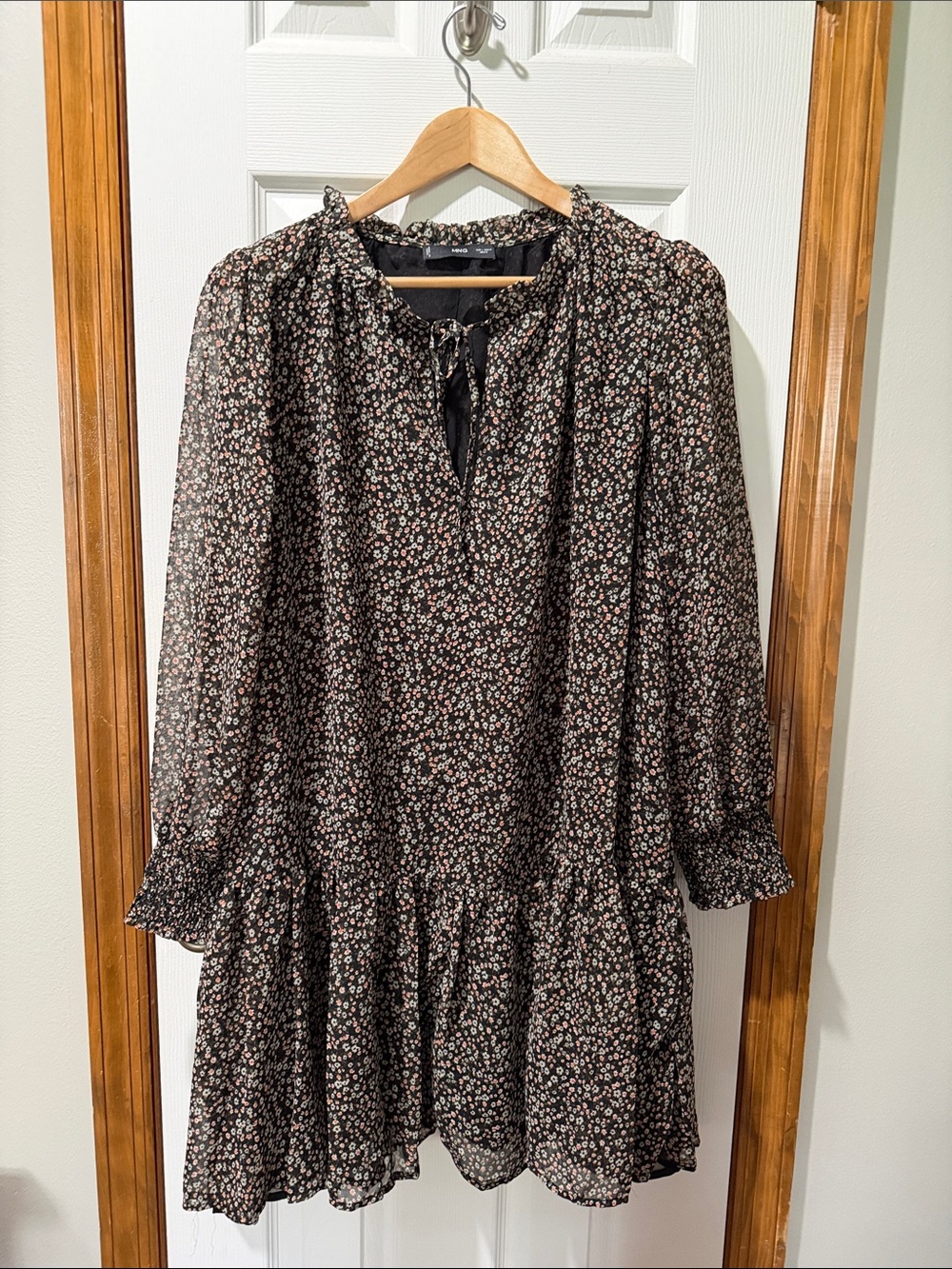 Mango Floral Black Long-Sleeve Dress